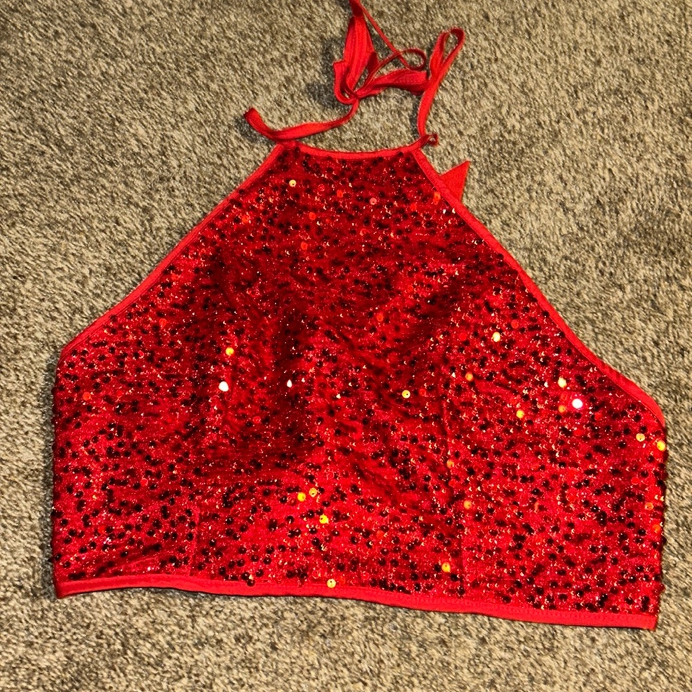 Red Sequin Halter Top adjustable tie closure both top and bottom tags cut out